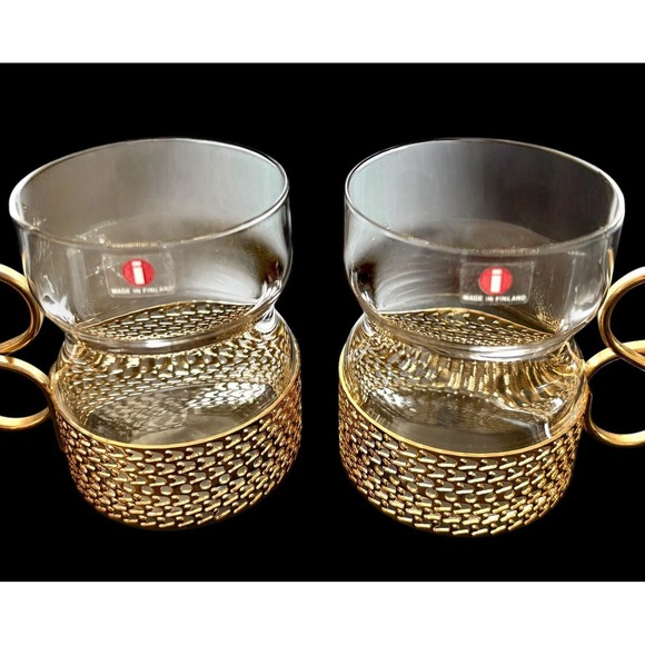 Set Of 2 Iittala Finland Tsaikka Glasses Metal Holder Timo Sarpaneva 8 oz - Picture 2 of 7